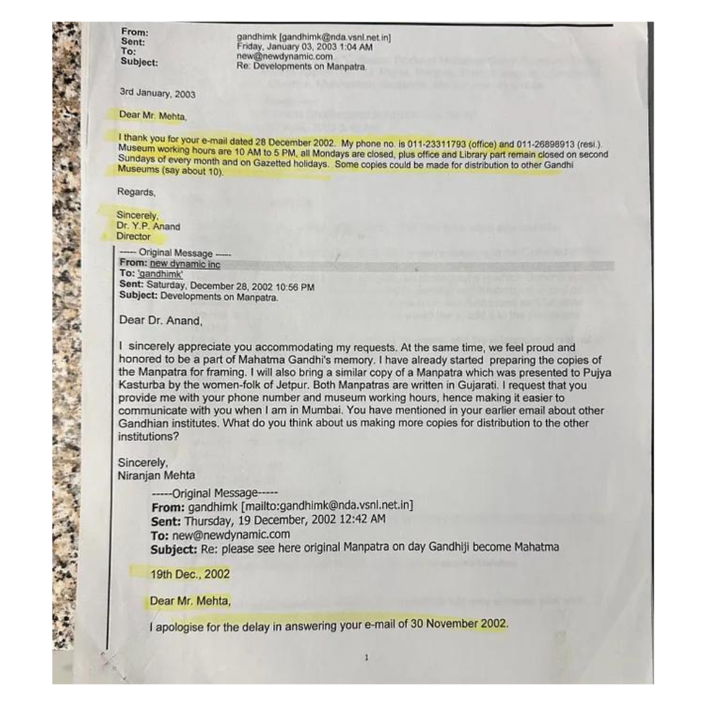 Emails from Dr. Anand and Dr. Varsha Das of the Rajghat Gandhi Museum.
