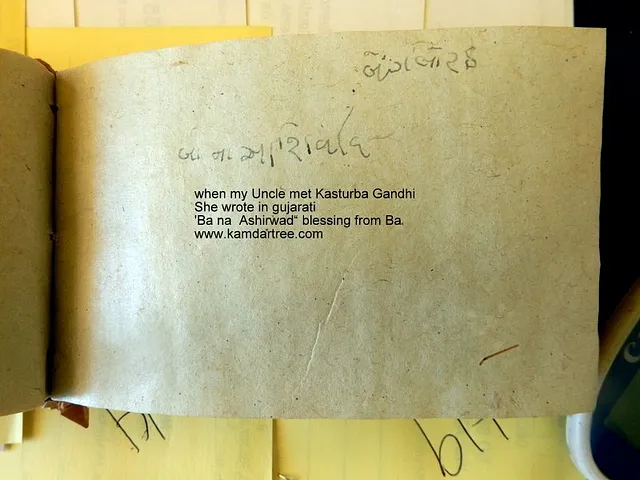 Handwritten blessing from Kasturba Gandhi to Moolshanker Mehta.